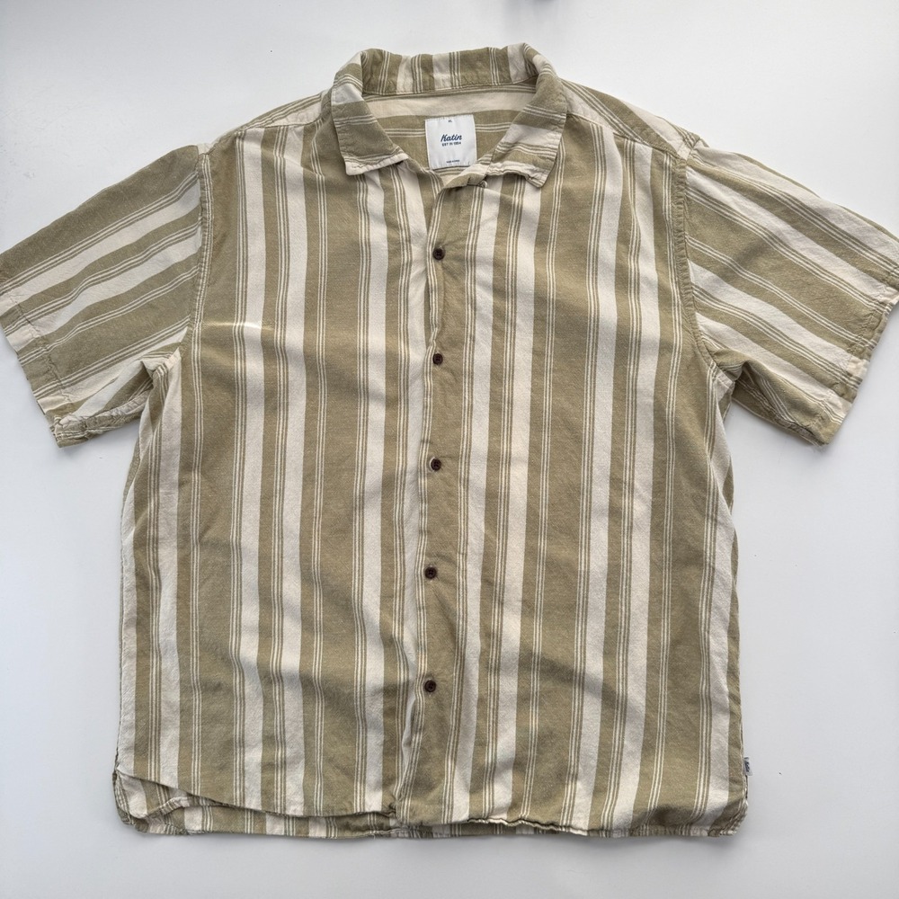KATIN Ian Shirt Striped Short Sleeve Camp‎ Collar Button Up Mens XL Tan Woven